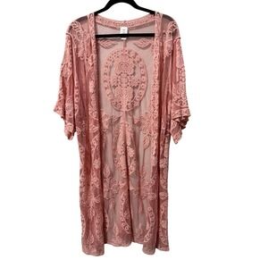 Pink Floral Lace Mesh Open Front Kimono Cardigan L-XL Boho Layering Cover Up